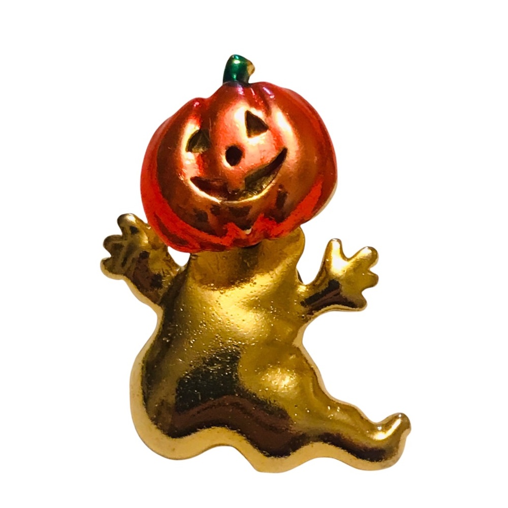 Vintage Goldtone Orange Pumpkin Ghost Trembler Pin